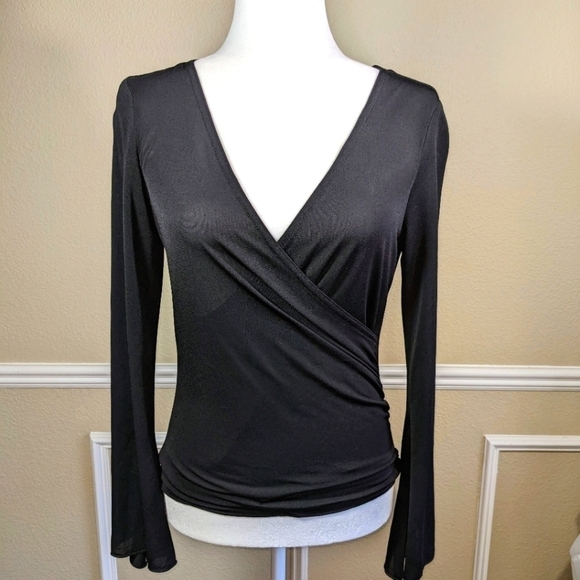 Black Faux Wrap Front Long Bell Sleeve by Self Esteem - Picture 6 of 6